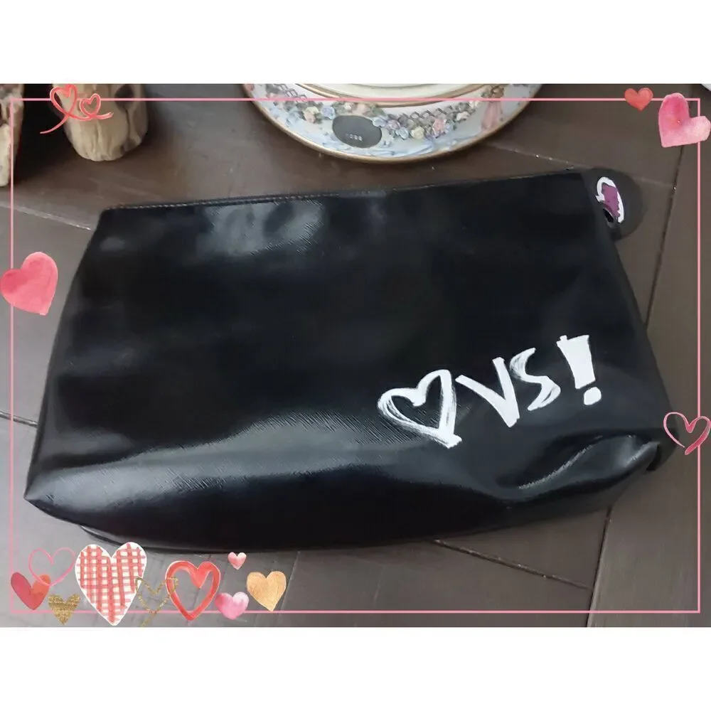 VICTORIAS SECRET Black & Pink Vinyl Winged Heart Embossed Roomy Makeup Bag